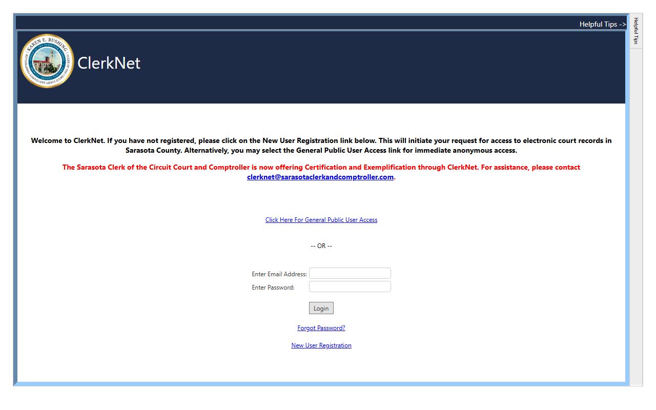 Sarasota County court dockets ClerkNet login and public access page