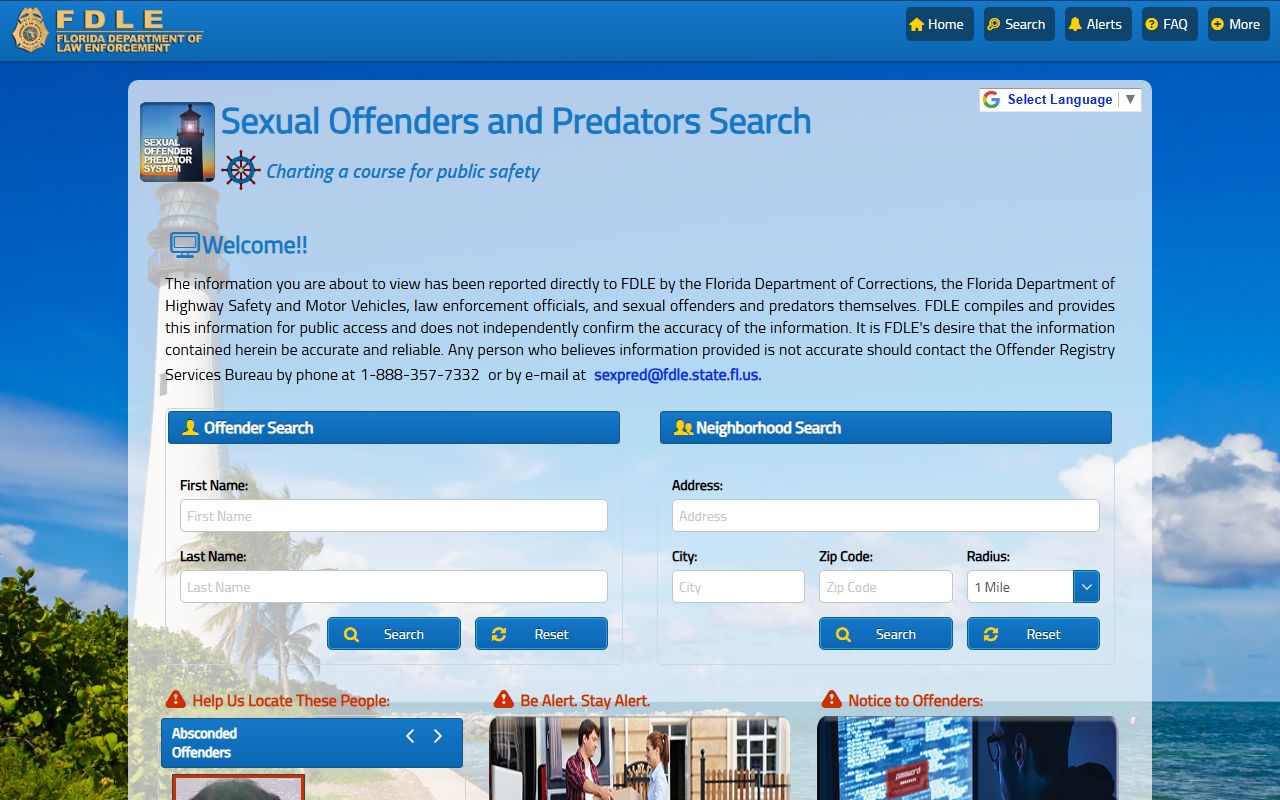 FDLE sex offender registry search for Sarasota County released inmates