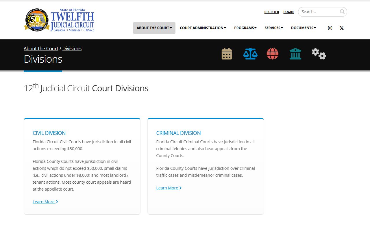 Sarasota County Circuit Court divisions and court records page