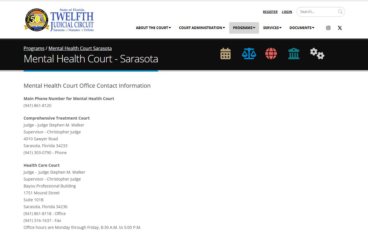 Sarasota County Mental Health Court records program page