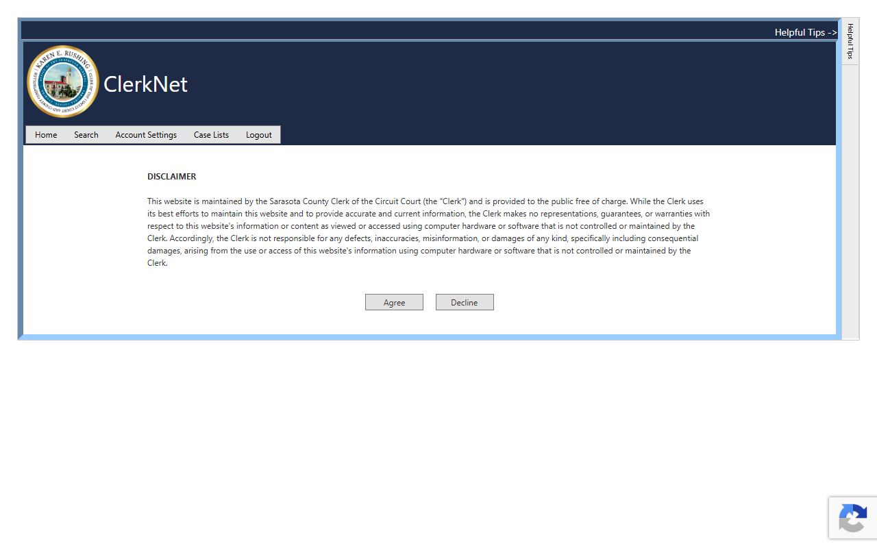 Sarasota County court records ClerkNet anonymous access page