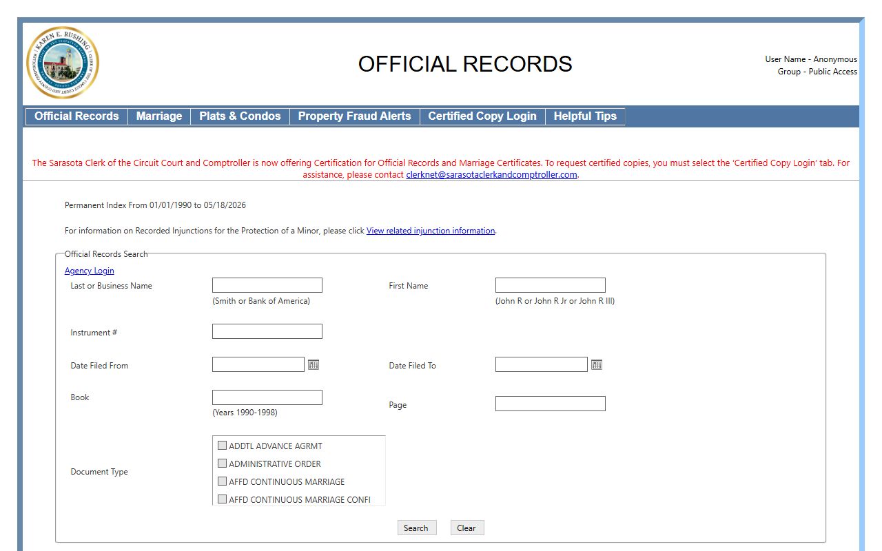 Sarasota County court records and Official Records recorded instruments page
