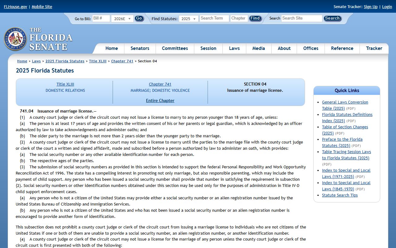 Sarasota County marriage records and Florida marriage license issuance statute