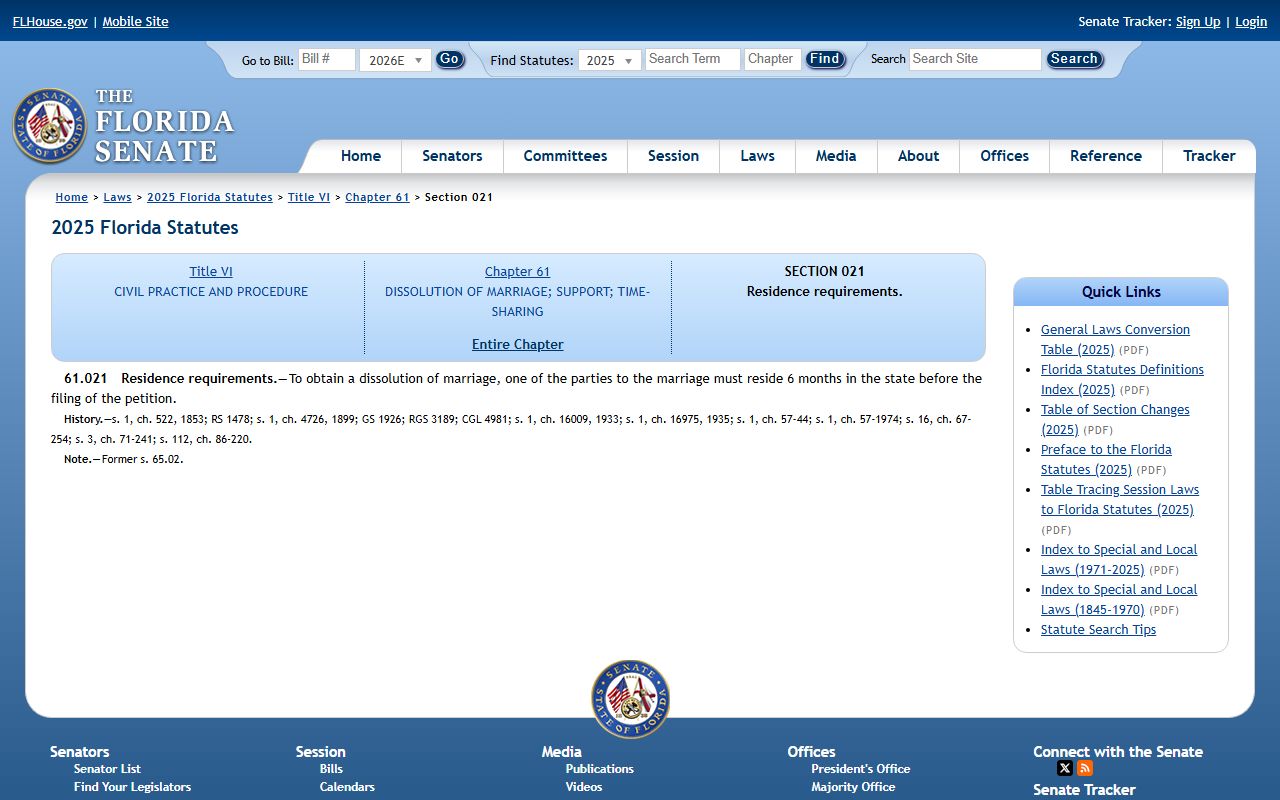Sarasota County divorce records and Florida dissolution residency requirement statute