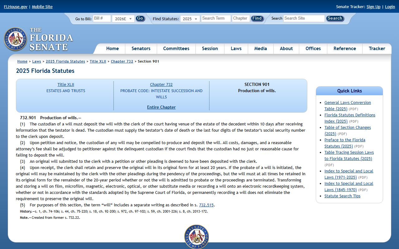 Sarasota County probate records and Florida will deposit statute