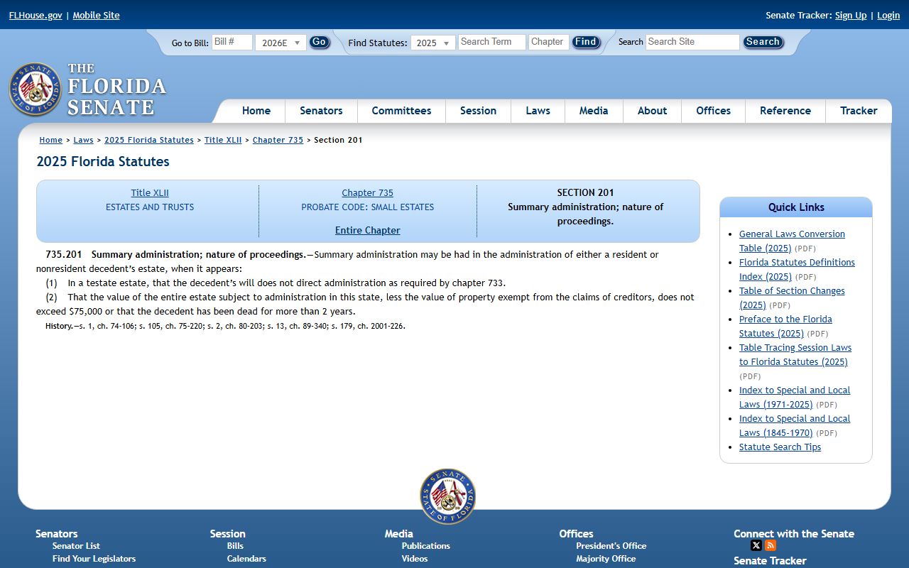 Sarasota County probate records and Florida summary administration statute