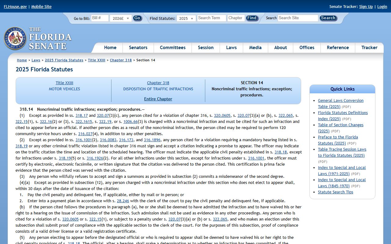 Sarasota County traffic court records and Florida traffic infraction procedure statute