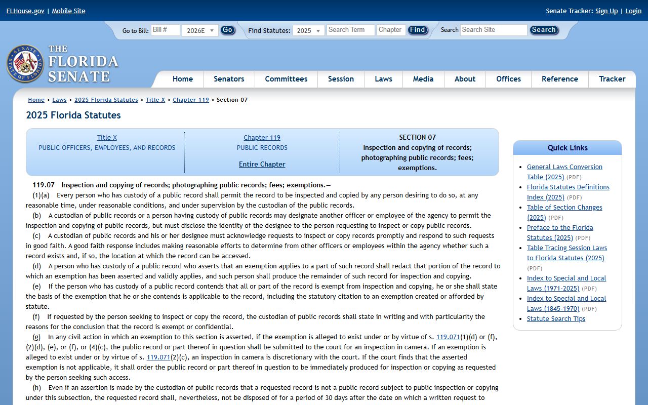 Sarasota County public records inspection and copying statute