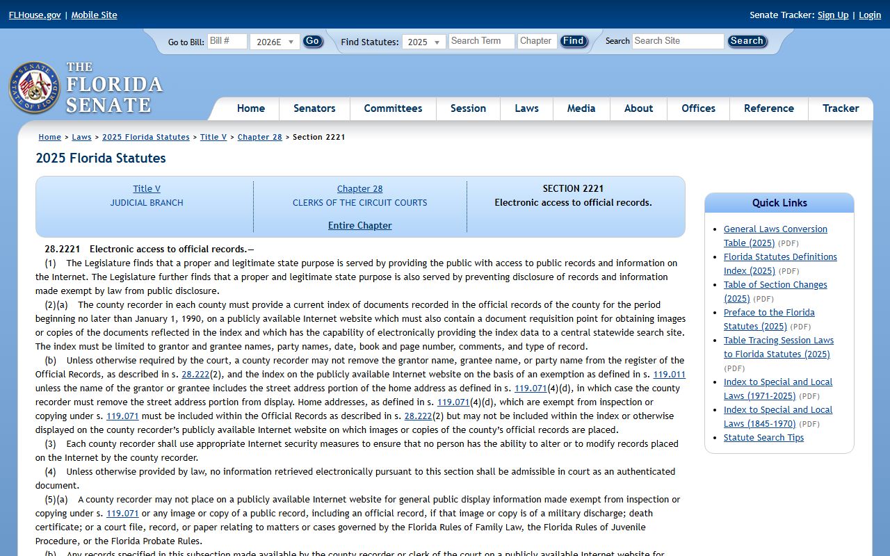 Sarasota County public records electronic access to official records statute