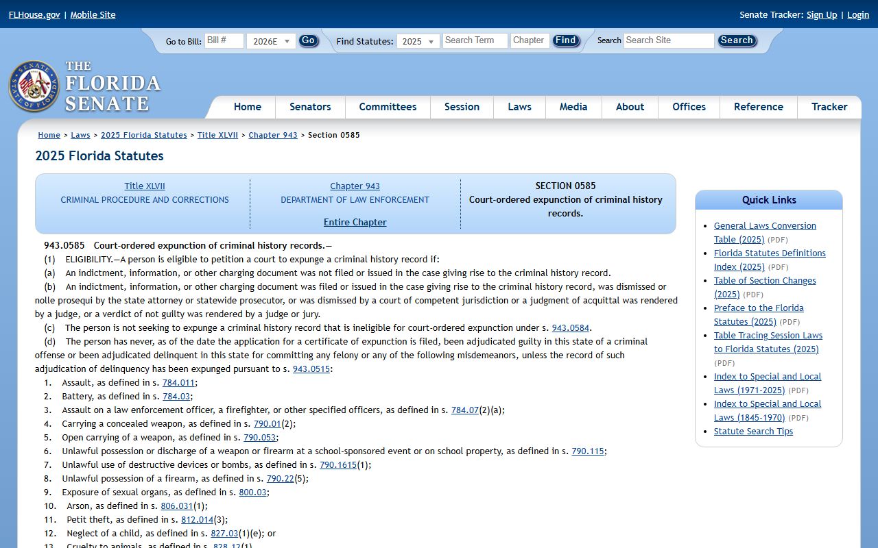 Florida expunction statute that affects Sarasota County criminal arrest records