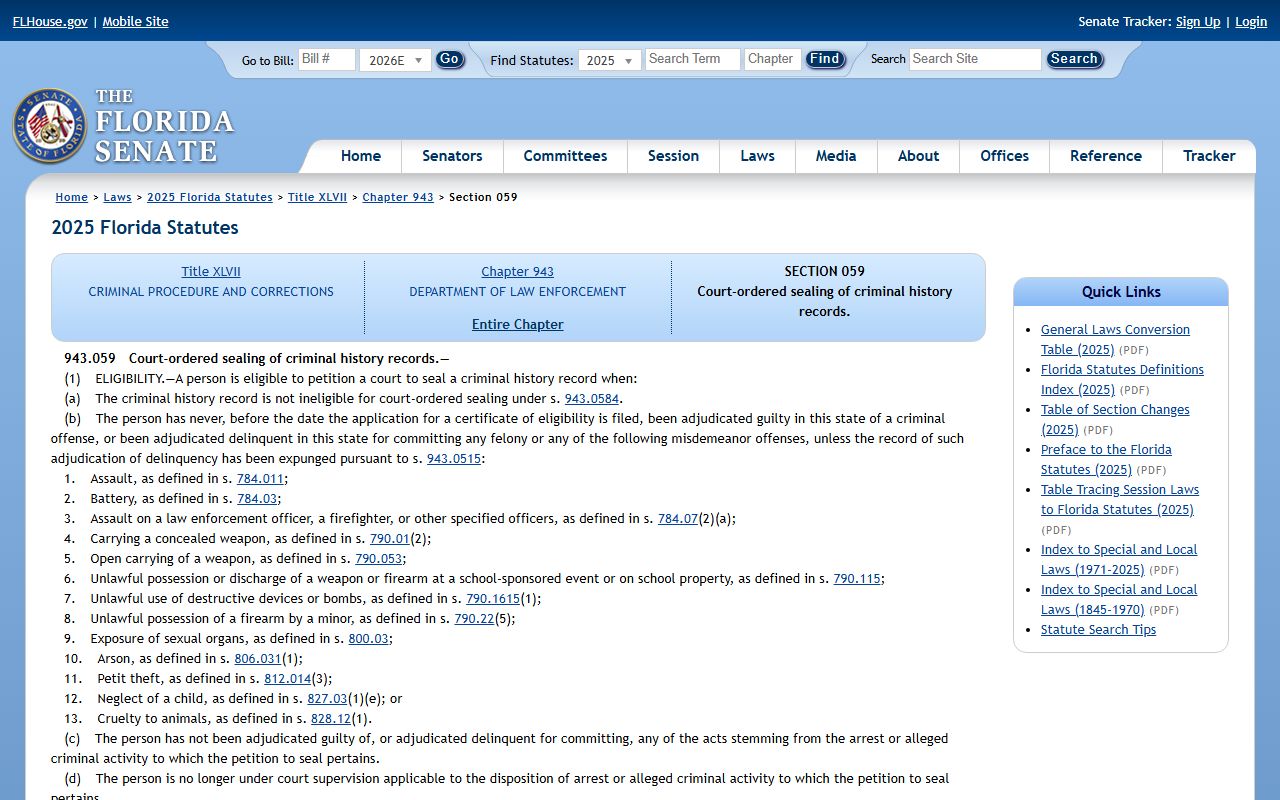 Florida sealing statute governing Sarasota County criminal records access