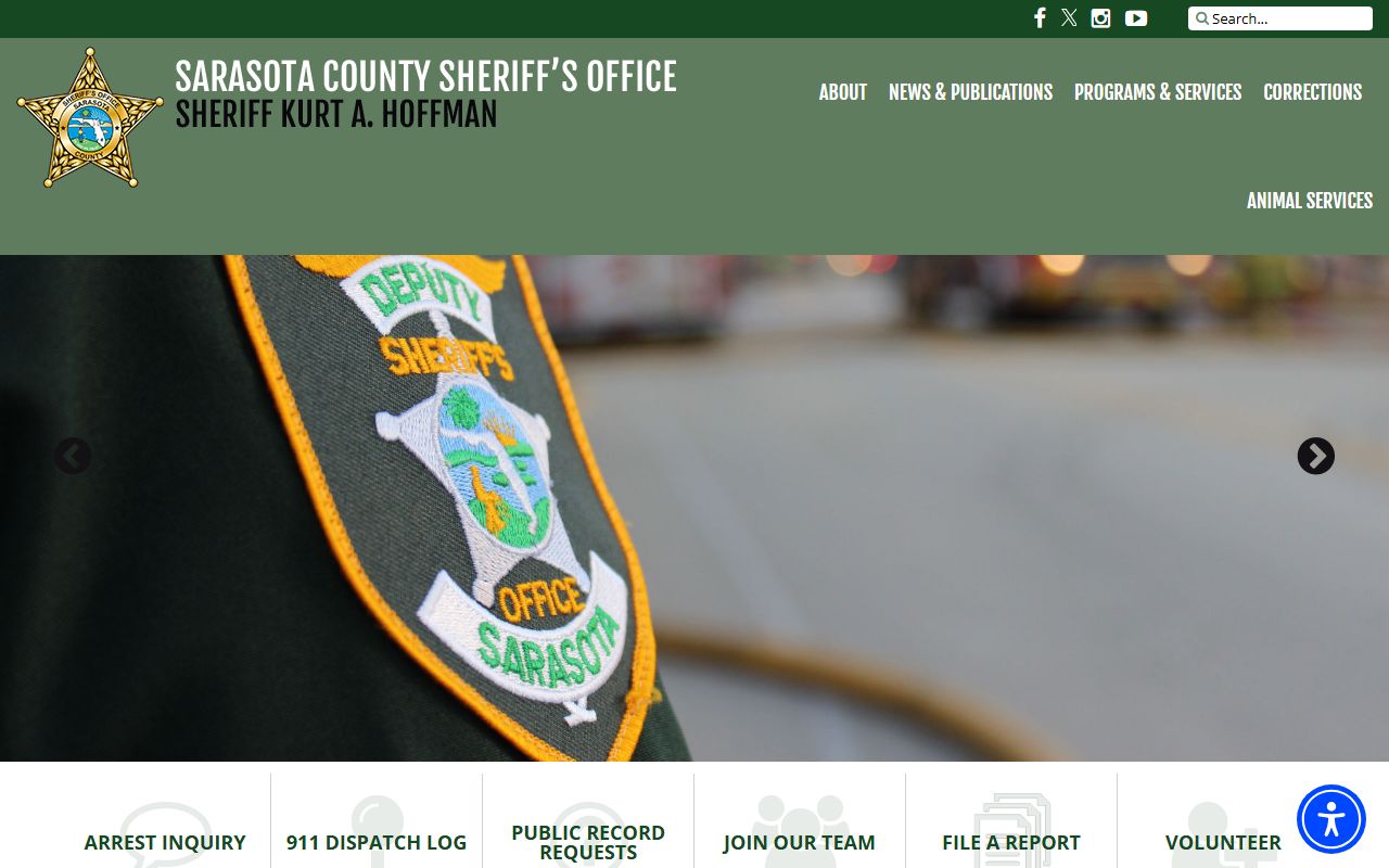 Sarasota County Sheriff homepage linking to inmate records and jail roster
