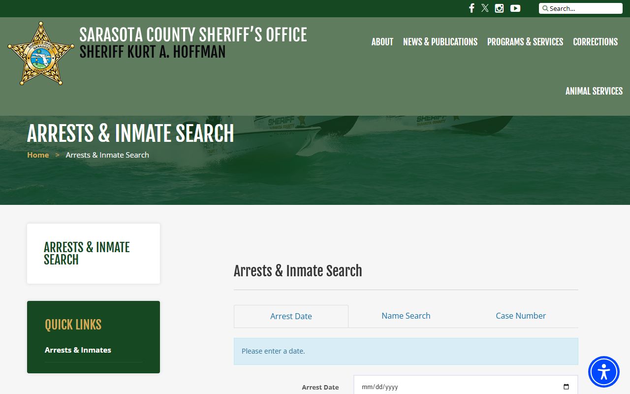 Sarasota County inmate records search on the Sheriff's Arrests and Inmate Search page