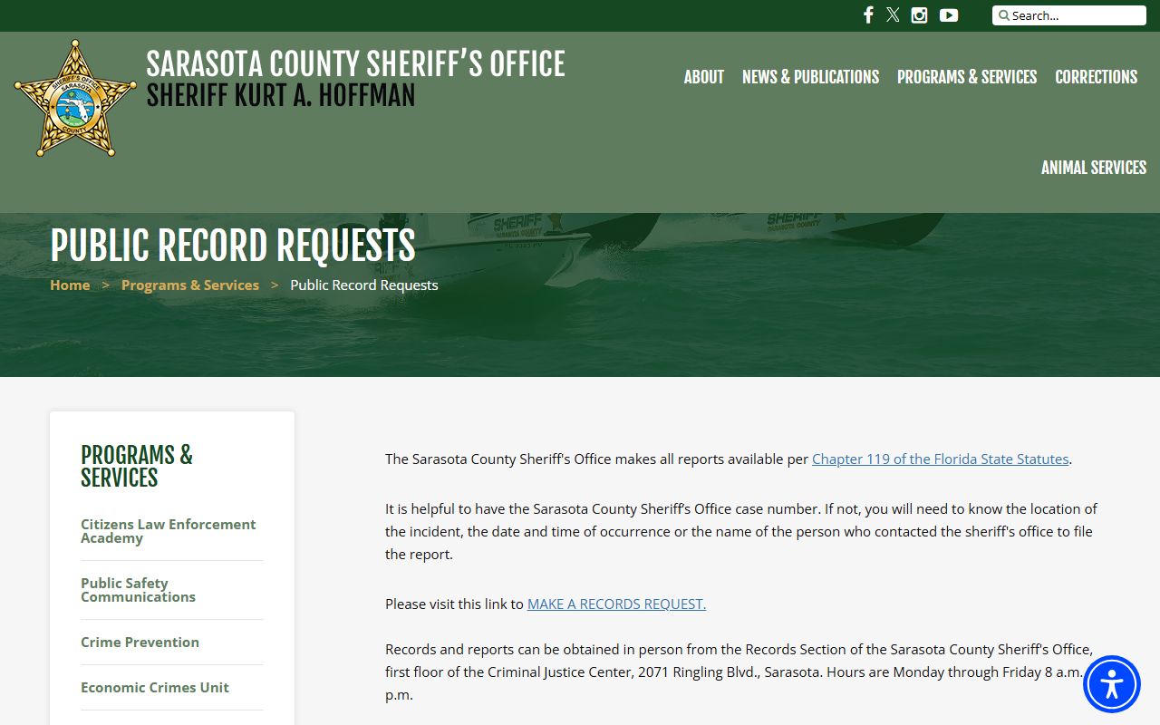 Sarasota County Sheriff public records request page for inmate and arrest records